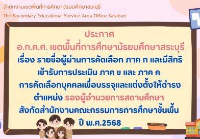 เรื่อง รายชื่อผู้ผ่านการคัดเลือก ภาค ก และมีสิทธิเข้ารับการประเมิน ภาค ข และ ภาค ค การคัดเลือกบุคคลเพื่อบรรจุและแต่งตั้งให้ดำรงตำแหน่ง รองผู้อำนวยการสถานศึกษา สังกัด สพฐ. ปี พ.ศ.2568