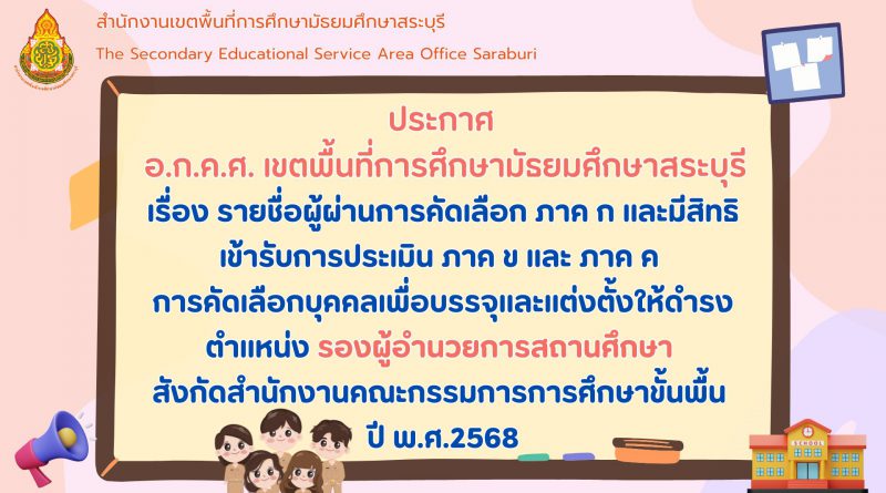 เรื่อง รายชื่อผู้ผ่านการคัดเลือก ภาค ก และมีสิทธิเข้ารับการประเมิน ภาค ข และ ภาค ค การคัดเลือกบุคคลเพื่อบรรจุและแต่งตั้งให้ดำรงตำแหน่ง รองผู้อำนวยการสถานศึกษา สังกัด สพฐ. ปี พ.ศ.2568