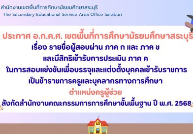 รายชื่อผู้สอบผ่าน ภาค ก และ ภาค ข และมีสิทธิ์เข้ารับการประเมิน ภาค ค ในการสอบแข่งขันเพื่อบรรจุและแต่งตั้งบุคคลเข้ารับราชการเป็นข้าราชการครูและบุคลากรทางการศึกษา ตำแหน่งครูผู้ช่วย สังกัด สพฐ. ปี พ.ศ. 2568