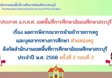 เรื่อง ผลการพิจารณาการย้ายข้าราชการครูและบุคลากรทางการศึกษา ตำแหน่งครู สพม.สบ ประจำปี พ.ศ. 2568 ครั้งที่ 2 รอบที่ 2