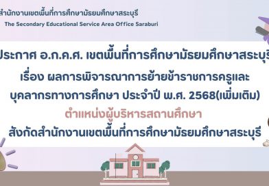 ผลการพิจารณาการย้ายข้าราชการครูและบุคลากรทางการศึกษา ประจำปี 2568 (เพิ่มเติม) ตำแหน่งผู้บริหารสถานศึกษา สังกัด สพม.สบ