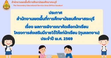 ผลการพิจารณาคัดเลือกนักเรียนโครงการส่งเสริมมีรายได้ให้แก่นักเรียน (ทุนแลกงาน) ประจำปี พ.ศ. 2569