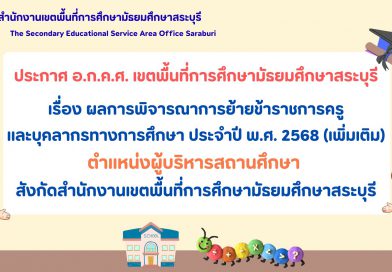 ผลการพิจารณาการย้ายข้าราชการครูและบุคลากรทางการศึกษา ประจำปี พ.ศ. 2568 (เพิ่มเติม) ตำแหน่งผู้บริหารสถานศึกษา สังกัด สพม.สบ