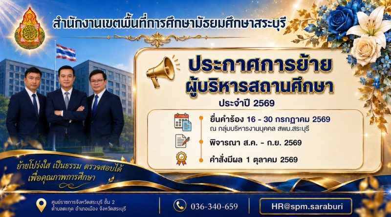 ประกาศการย้าย ผู้บริหารสถานศึกษา สังกัด สพม.สบ ประจำปี พ.ศ. 2569