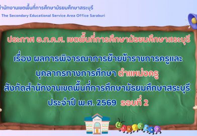 เรื่อง ผลการพิจารณาการย้ายข้าราชการครูและบุคลากทางการศึกษา ตำแหน่งครู สังกัด สพม.สบ ประจำปี พ.ศ. 2569 รอบที่ 2 เรื่อง ผลการพิจารณาการย้ายข้าราชการครูและบุคลากทางการศึกษา ตำแหน่งครู สังกัด สพม.สบ ประจำปี พ.ศ. 2569 รอบที่ 2