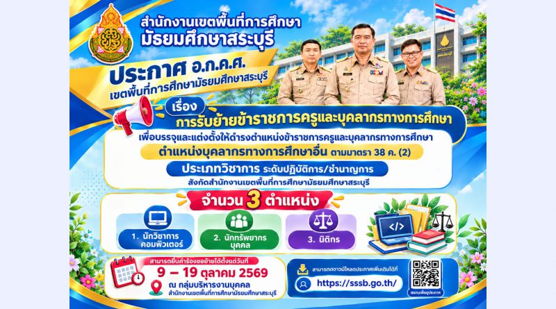 การย้ายข้าราชการครูและบุคลากรทางการศึกษา เพื่อบรรจุและแต่งตั้งให้ดำรงตำแหน่งข้าราชการครูและบุคลากรทางการศึกษา ตำแหน่งบุคลากรทางการศึกษาอื่น ตามมาตรา 38 ค.(2) ประเภทวิชาการ สังกัด สพม.สระบุรี การย้ายข้าราชการครูและบุคลากรทางการศึกษา เพื่อบรรจุและแต่งตั้งให้ดำรงตำแหน่งข้าราชการครูและบุคลากรทางการศึกษา ตำแหน่งบุคลากรทางการศึกษาอื่น ตามมาตรา 38 ค.(2) ประเภทวิชาการ สังกัด สพม.สระบุรี