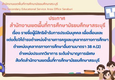 รายชื่อผู้มีสิทธิเข้ารับการประเมินบุคคล เพื่อเลื่อนและแต่งตั้งให้ดำรงตำแหน่งข้าราชการครูและบุคลากรทางการศึกษา ตำแหน่งบุคลากรทางการศึกษาอื่นตามมาตรา 38 ค.(2) ตำแหน่งประเภทวิชาการ ระดับชำนาญการพิเศษ สังกัด สพม.สระบุรี